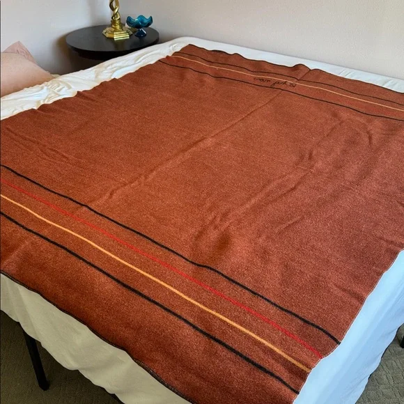 vintage 1930s Alpine wool train blanket in brick w/black, crimson & gold stripes - Picture 7 of 7